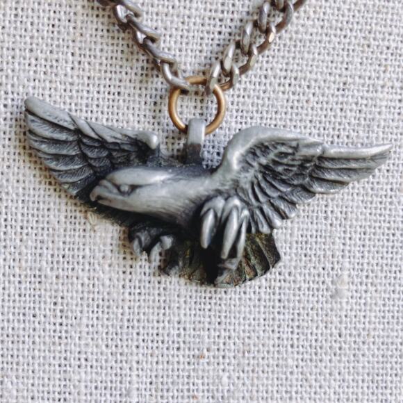 VTG 1970s Pewter Eagle Pendant Necklace Biker Style Chain Jewelry Unisex - Picture 11 of 11